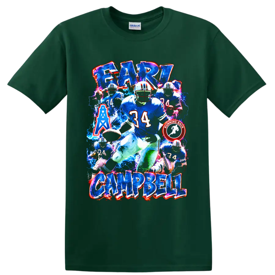Earl Campbell Houston Oilers number 34 football collage with electric blue effects on a Forest Green T Shirt