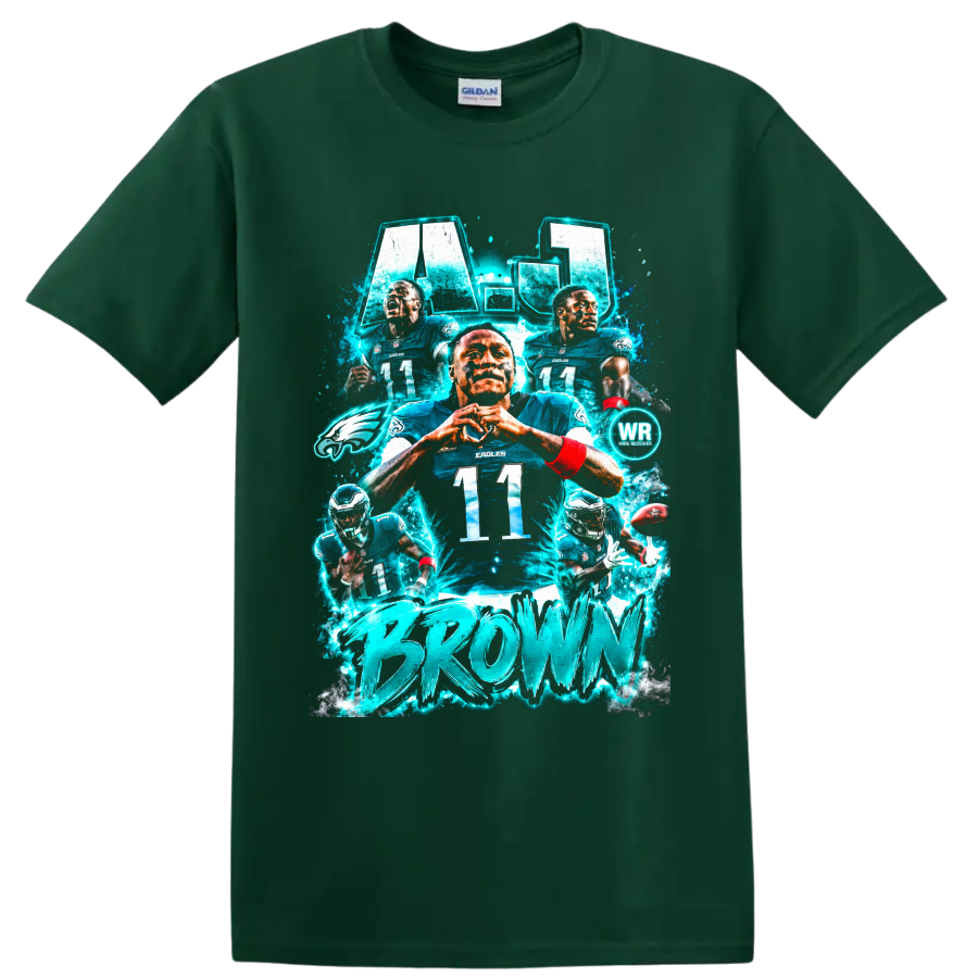 A.J. Brown Philadelphia Eagles number 11 electric teal football collage graphic on a Forest Green T Shirt