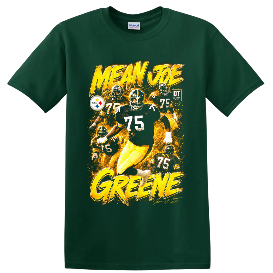Mean Joe Greene Steelers number 75 fiery vintage football action graphic on a Forest Green T Shirt