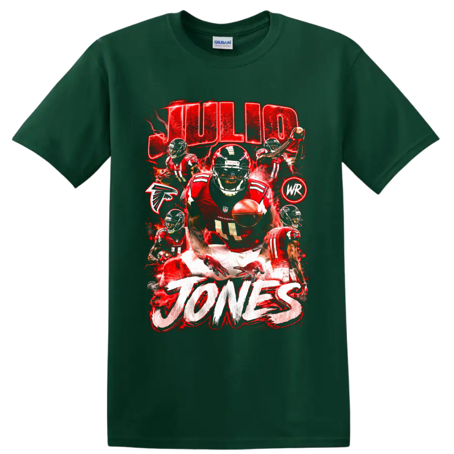 Julio Jones Atlanta Falcons action collage with red lightning and JULIO JONES text on a Forest Green T Shirt