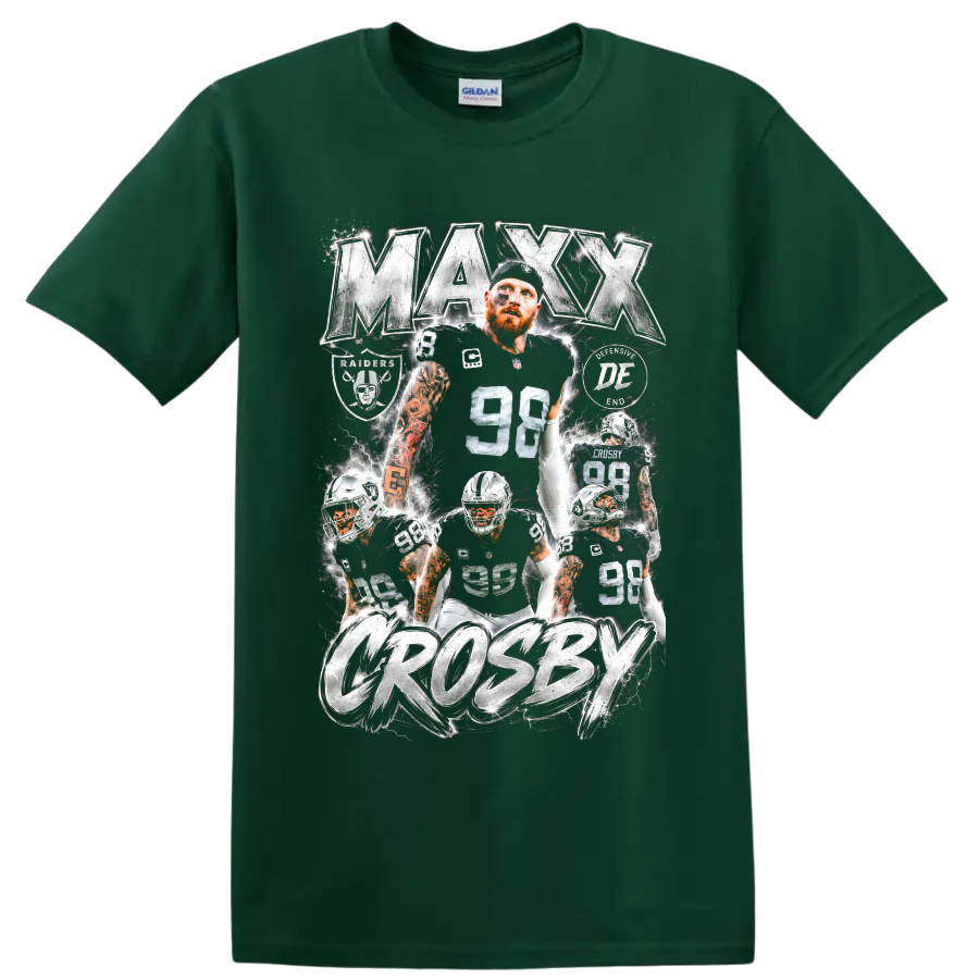 Maxx Crosby Raiders number 98 action collage with metallic lettering and lightning on a Forest Green T Shirt