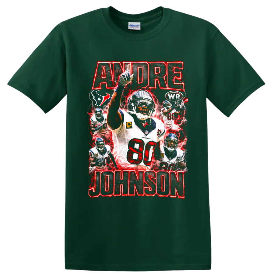Andre Johnson Houston Texans number 80 action collage with red lightning and bold on a Forest Green T Shirt