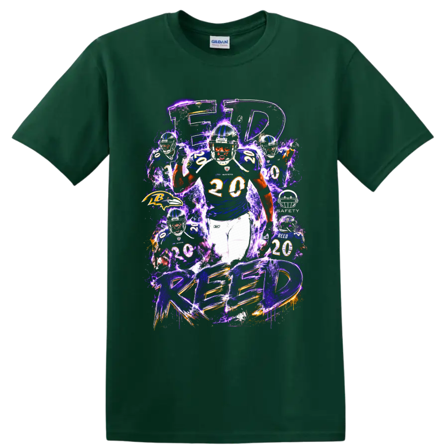 Ed Reed Baltimore Ravens safety collage with purple lightning and REED lettering on a Forest Green T Shirt