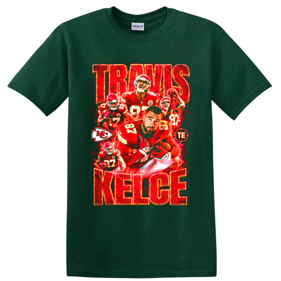 Travis Kelce Chiefs number 87 football collage with electric red TRAVIS KELCE text on a Forest Green T Shirt