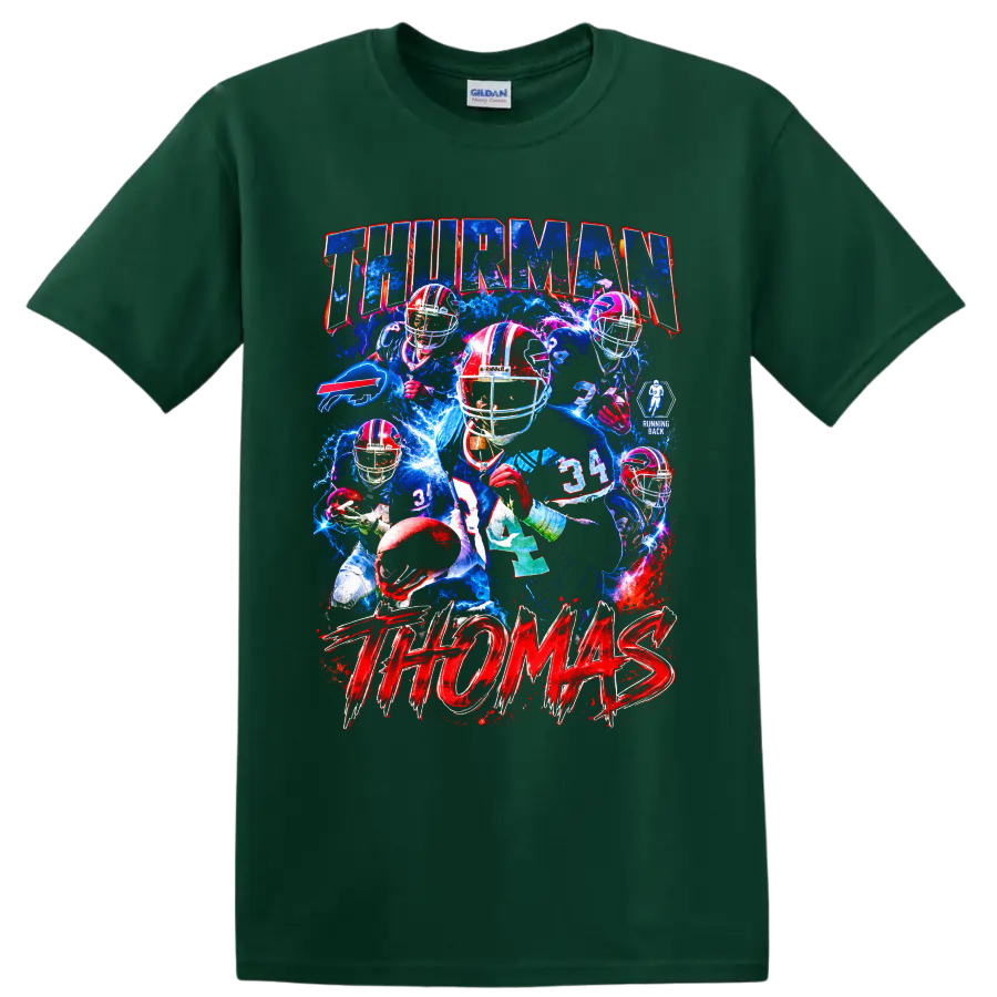 Thurman Thomas Buffalo Bills running back electric football collage with bold lettering on a Forest Green T Shirt