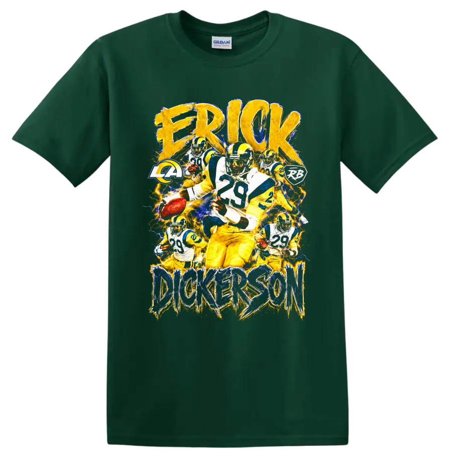 Eric Dickerson Rams running back collage with distressed lettering and lightning on a Forest Green T Shirt