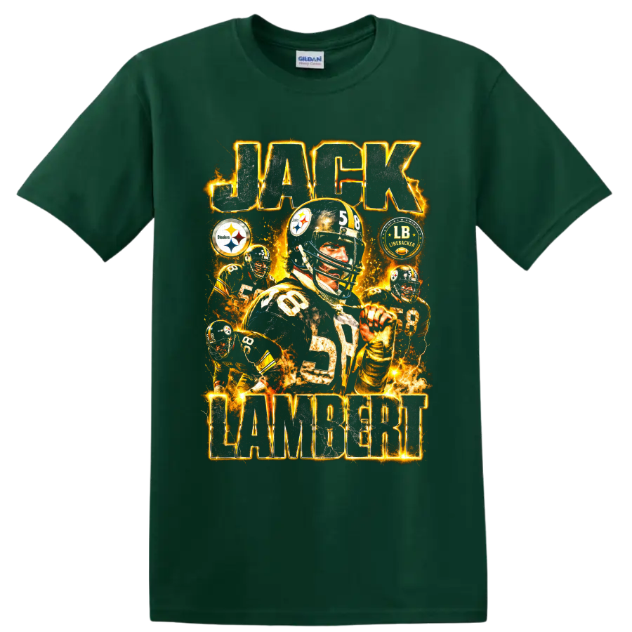 Jack Lambert Steelers number 58 vintage football collage with gold lightning on a Forest Green T Shirt