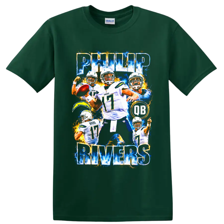 Philip Rivers Chargers quarterback collage with number 17, lightning bolt, and electric on a Forest Green T Shirt