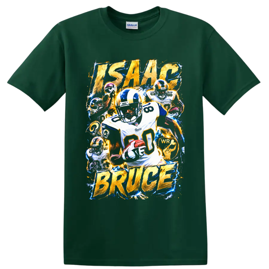 Isaac Bruce Rams number 80 football collage with gold lettering and electric blue effects on a Forest Green T Shirt