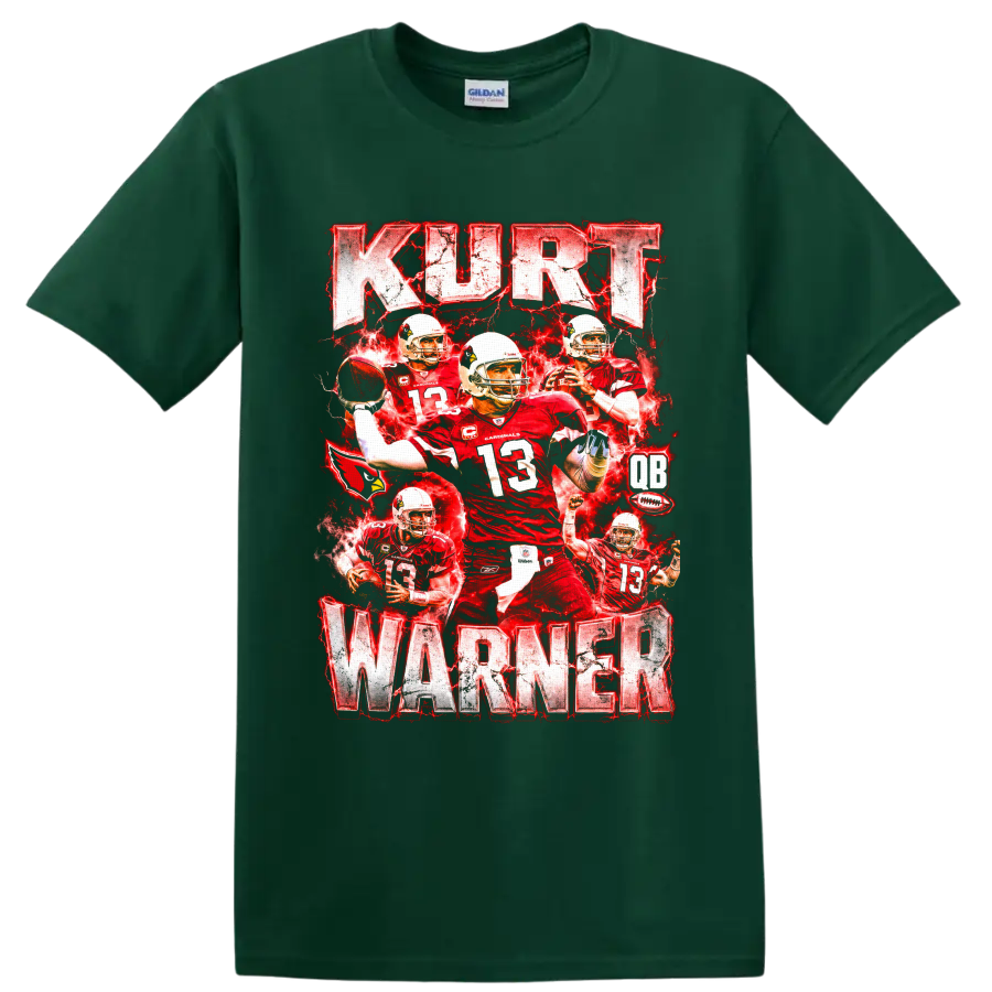Kurt Warner Arizona Cardinals number 13 football collage with red lightning on a Forest Green T Shirt
