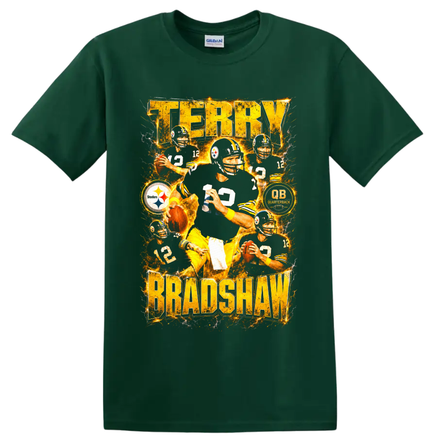 Terry Bradshaw Steelers number 12 quarterback collage with electric gold lettering on a Forest Green T Shirt