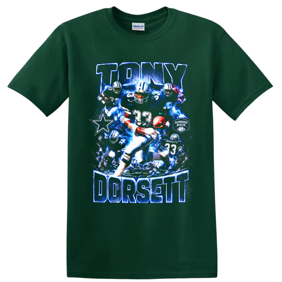 Tony Dorsett Dallas Cowboys number 33 running back collage with blue lightning on a Forest Green T Shirt