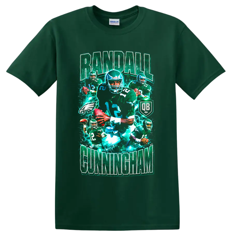 Randall Cunningham Philadelphia Eagles quarterback vintage collage with electric football on a Forest Green T Shirt