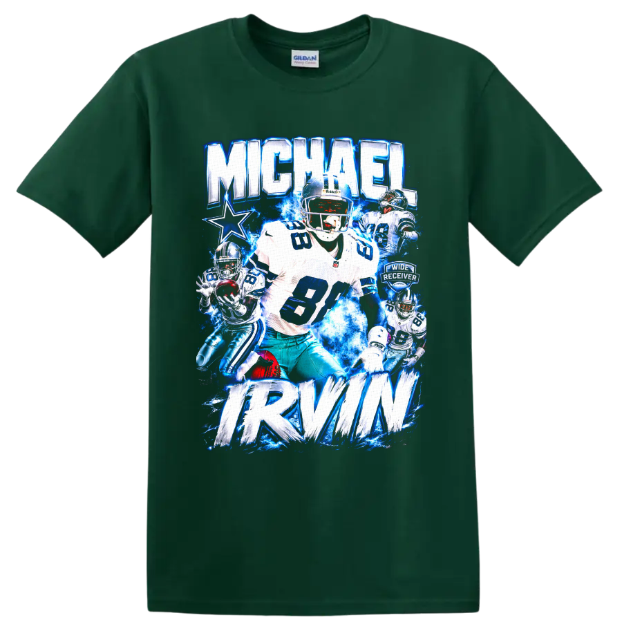 Michael Irvin Dallas Cowboys number 88 wide receiver electric blue graphic collage on a Forest Green T Shirt