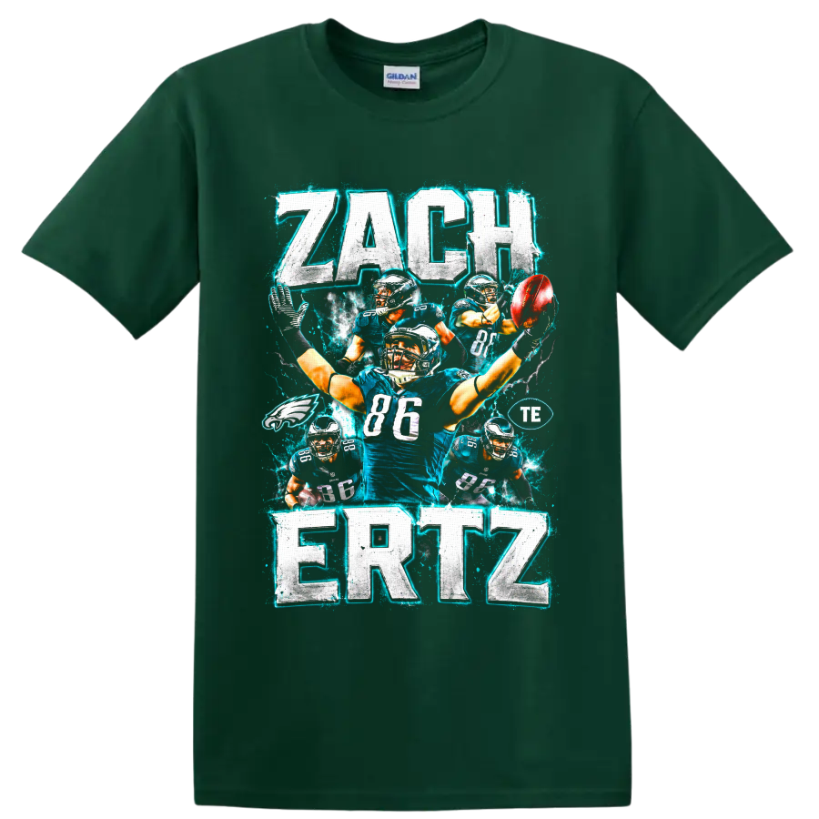 Zach Ertz Eagles number 86 football collage with distressed electric lettering on a Forest Green T Shirt