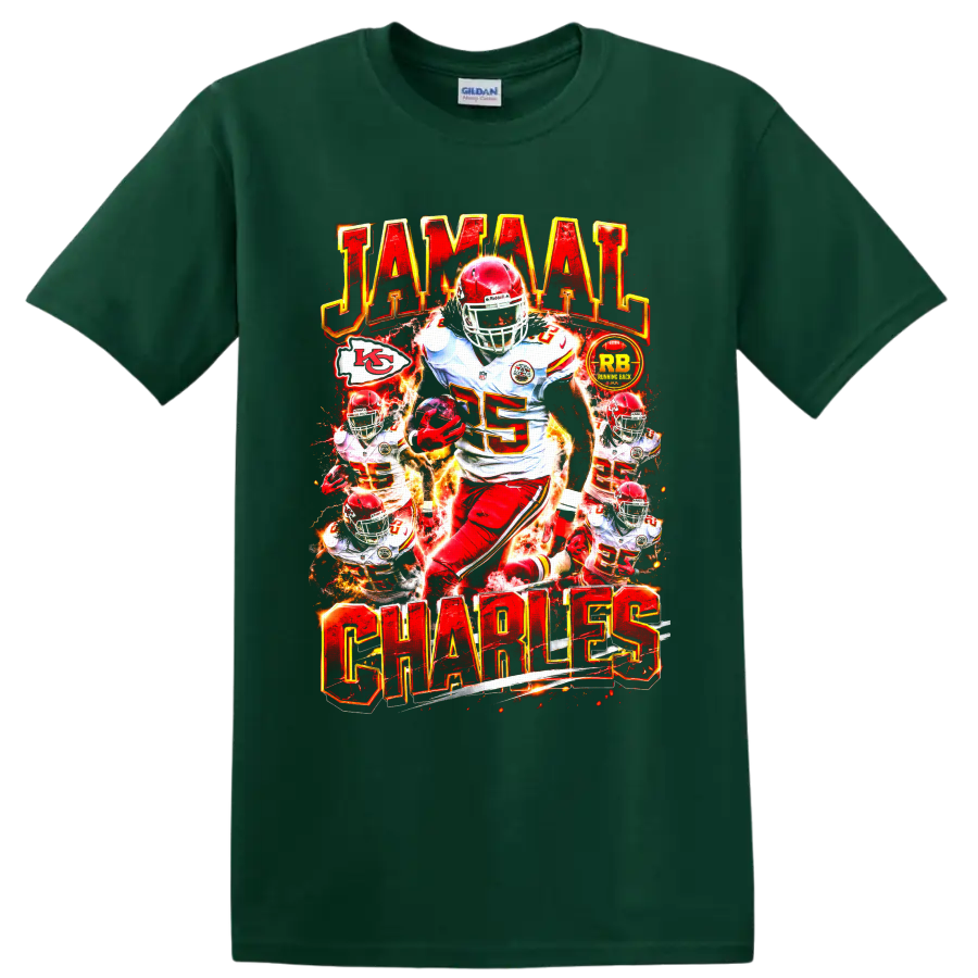 Jamaal Charles Chiefs number 25 fiery football action collage with JAMAAL CHARLES text on a Forest Green T Shirt