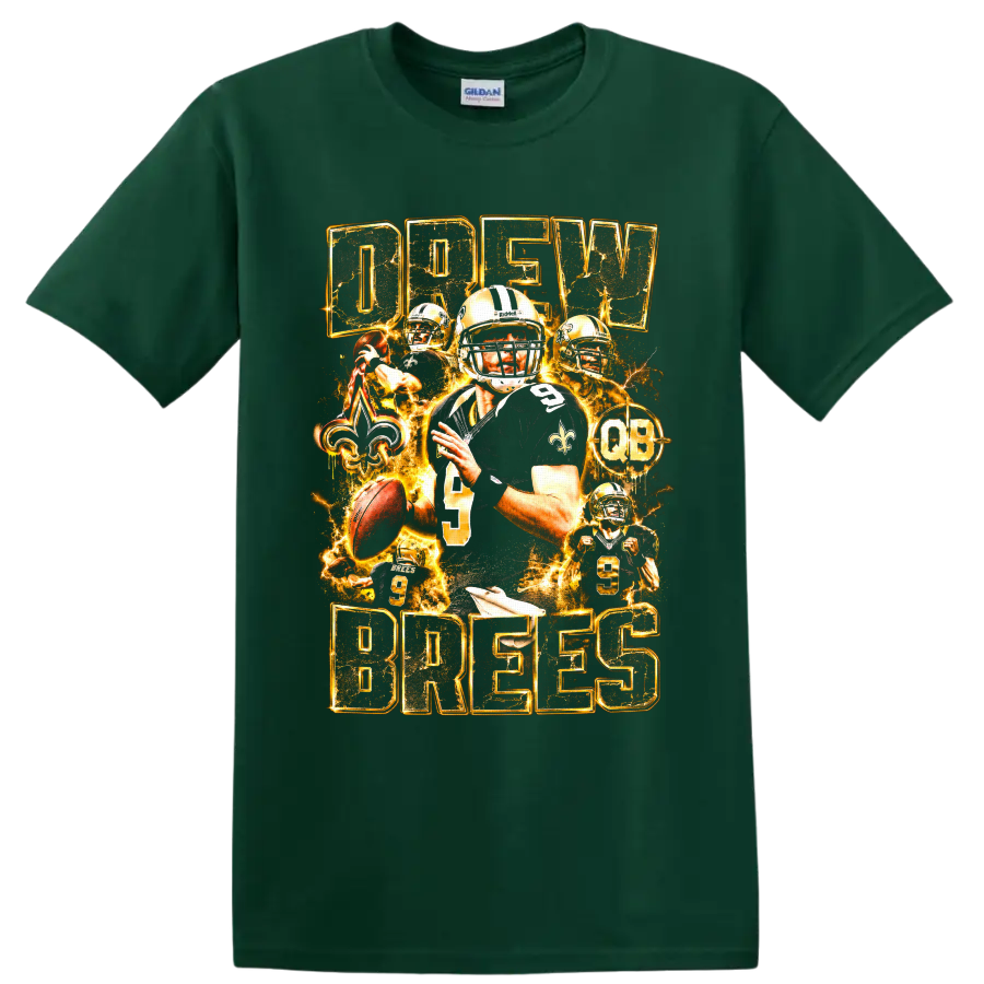 Drew Brees Saints quarterback collage with number 9, fleur-de-lis, and gold lightning on a Forest Green T Shirt