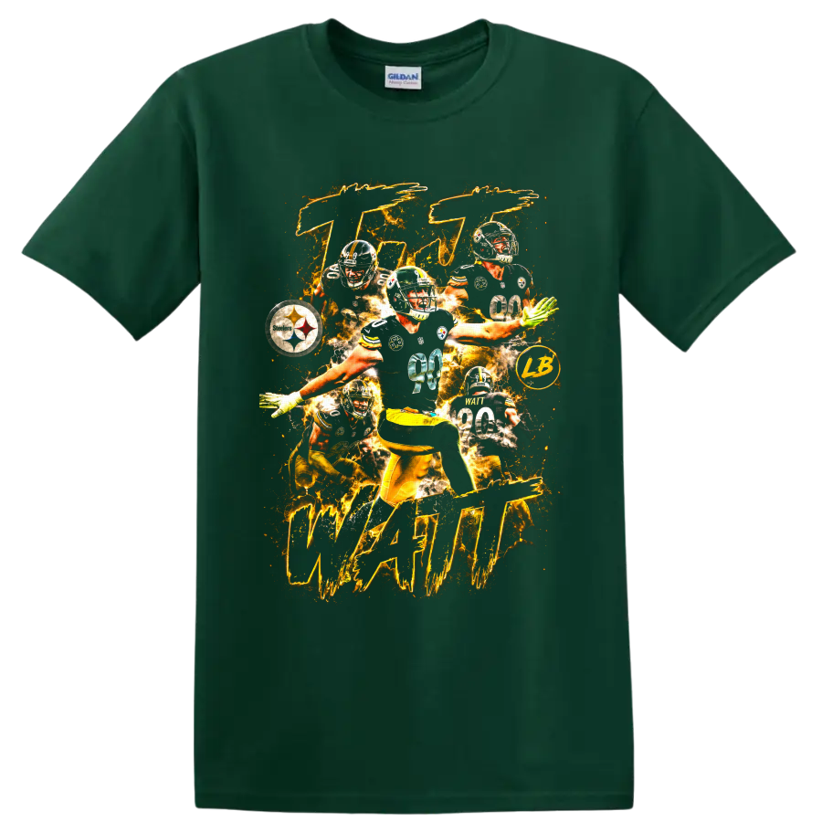 T.J. Watt Steelers number 90 action collage with gold lightning on a Forest Green T Shirt