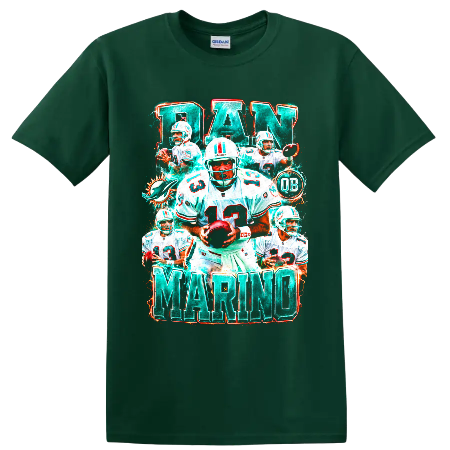 Dan Marino Miami Dolphins quarterback collage with number 13, QB badge, and bold name on a Forest Green T Shirt