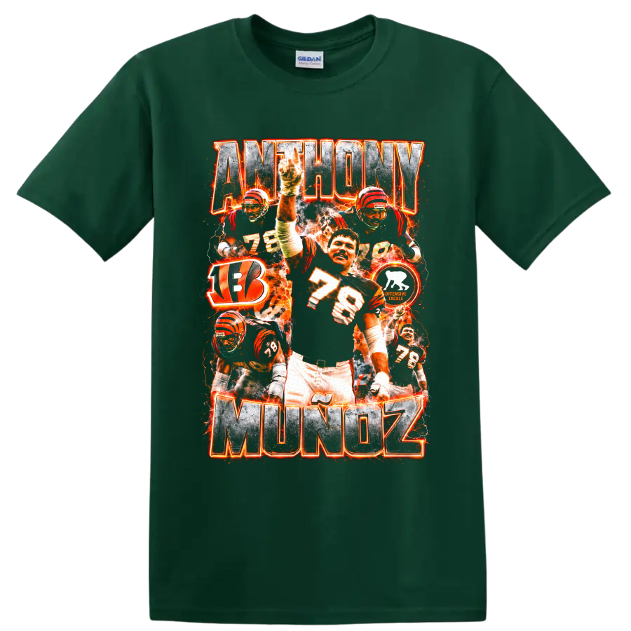 Anthony Muñoz Bengals number 78 football collage with fiery orange graphics on a Forest Green T Shirt