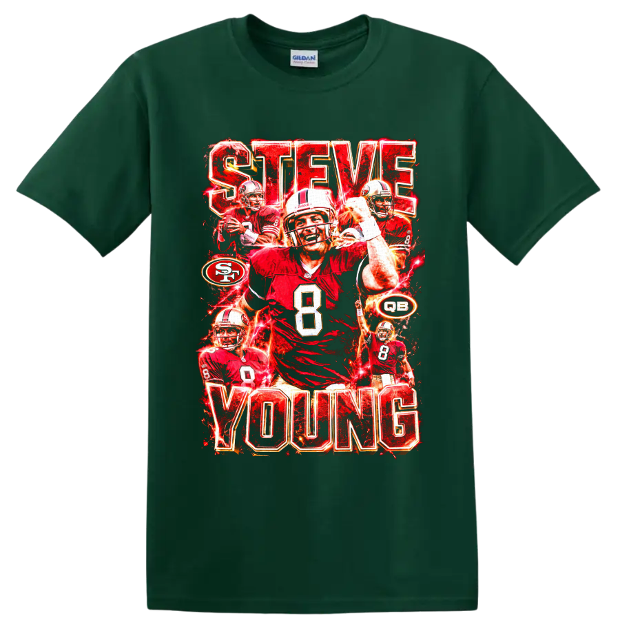 Steve Young 49ers number 8 quarterback collage with STEVE YOUNG lettering on a Forest Green T Shirt