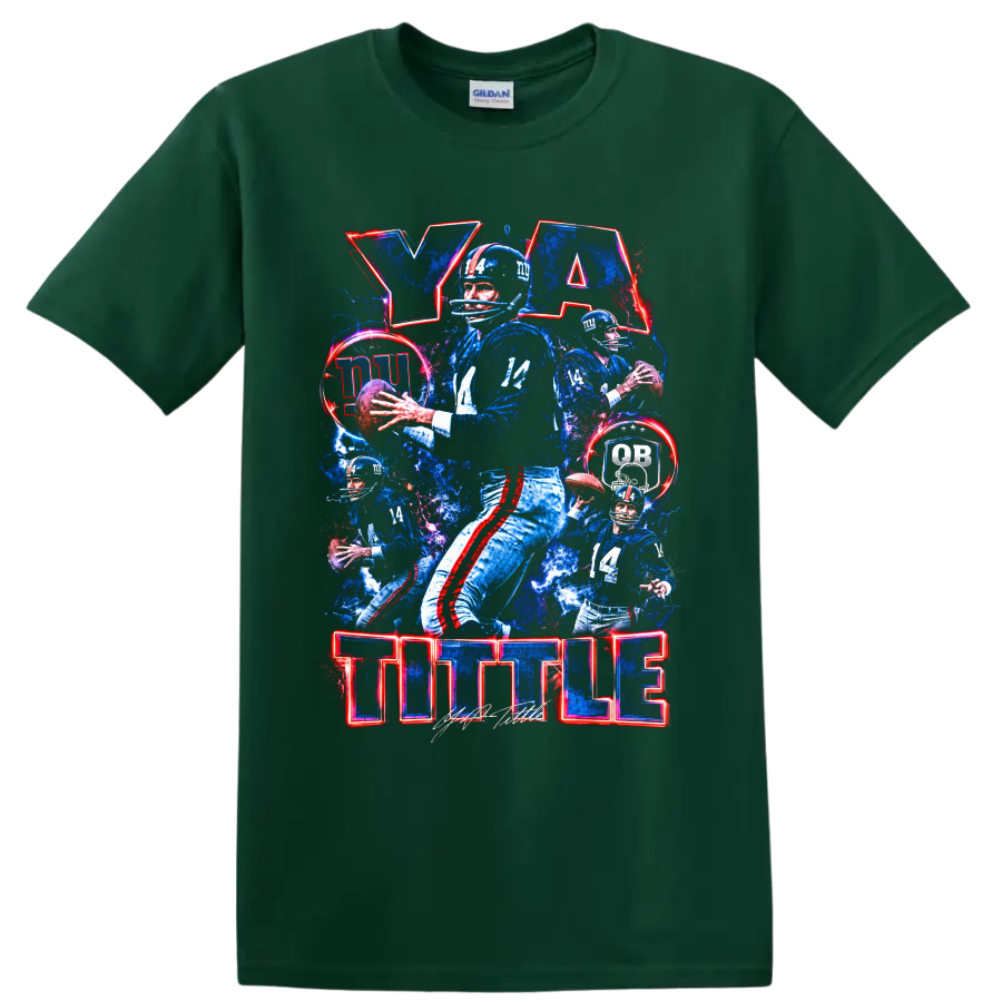 Y. A. Tittle New York Giants number 14 quarterback collage with TITTLE lettering on a Forest Green T Shirt