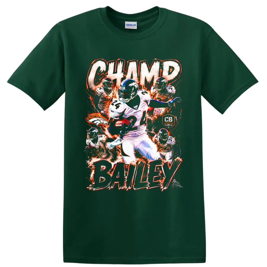 Champ Bailey Denver Broncos number 24 cornerback collage with fiery action graphics on a Forest Green T Shirt