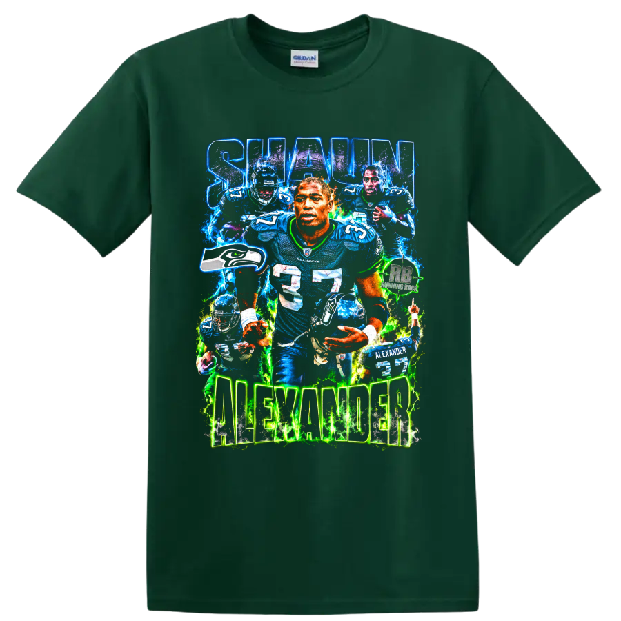 Shaun Alexander Seattle Seahawks number 37 football collage with glowing lettering on a Forest Green T Shirt