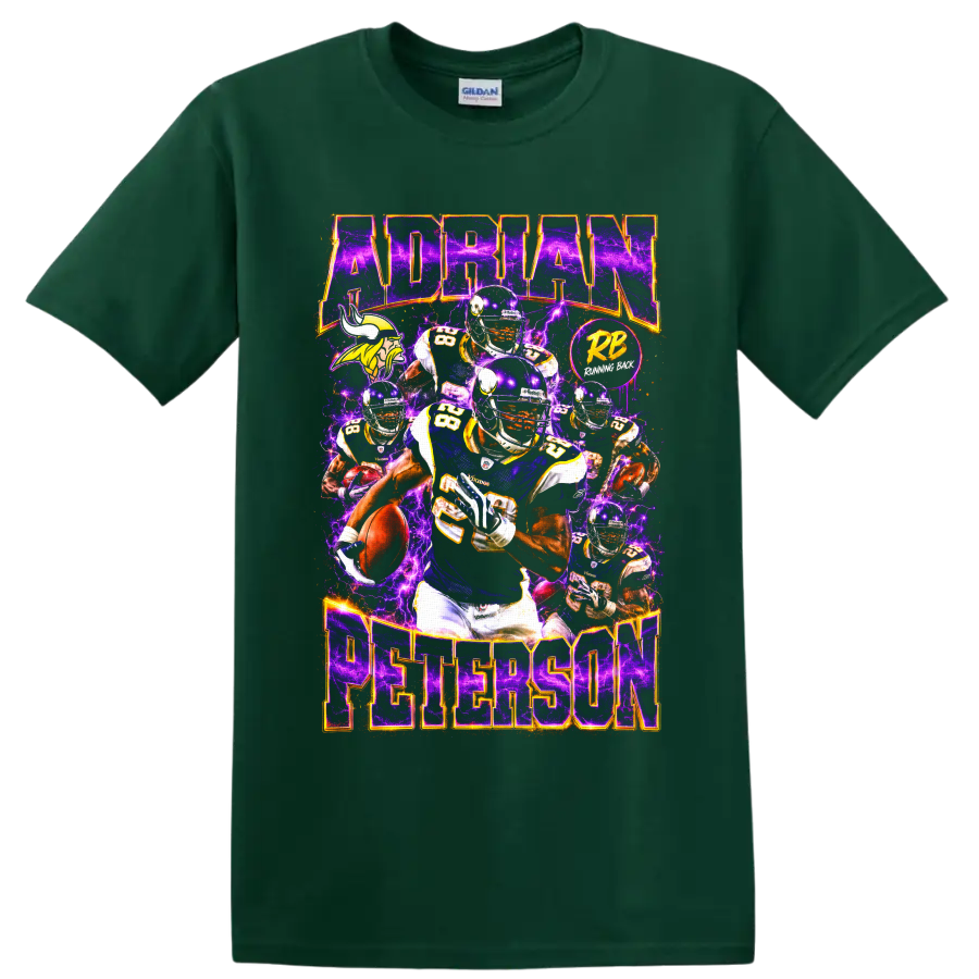 Adrian Peterson Vikings running back collage with purple lightning and football action on a Forest Green T Shirt