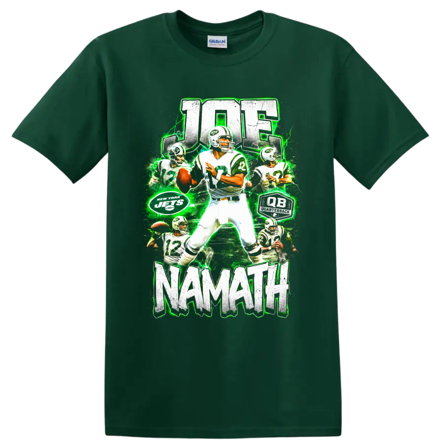Joe Namath New York Jets quarterback collage with number 12, distressed text, and green on a Forest Green T Shirt