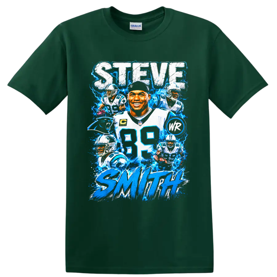 Steve Smith Sr. Carolina Panthers number 89 football collage with electric blue lightning on a Forest Green T Shirt