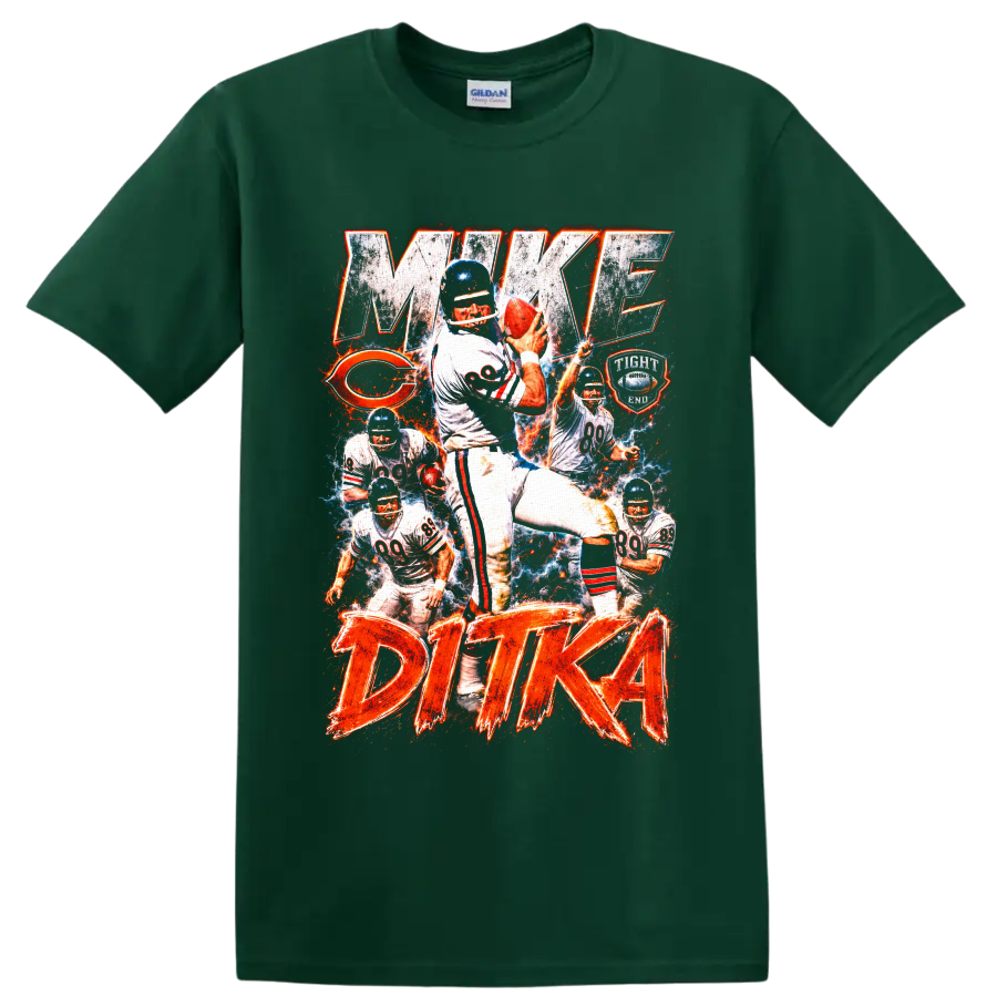 Mike Ditka Chicago Bears number 89 vintage football collage with MAKE DITKA text on a Forest Green T Shirt
