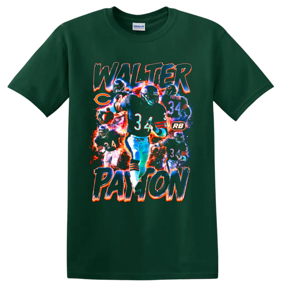 Walter Payton Chicago Bears number 34 action collage with distressed name lettering on a Forest Green T Shirt