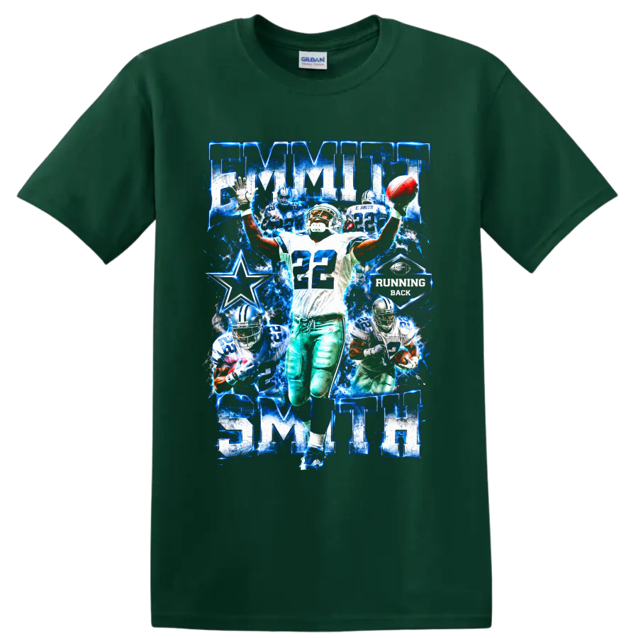 Emmitt Smith Dallas Cowboys number 22 running back blue star action collage on a Forest Green T Shirt