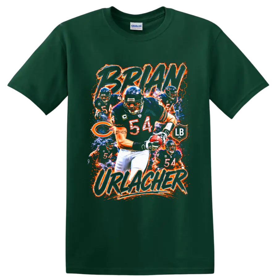 Brian Urlacher Chicago Bears 54 action collage with fiery BRIAN URLACHER lettering on a Forest Green T Shirt