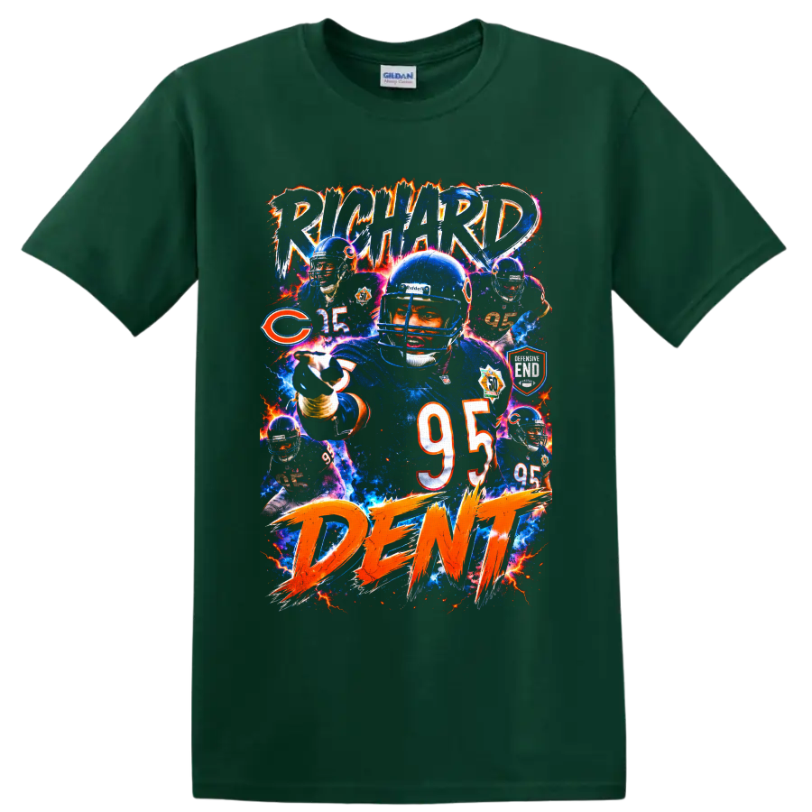 Richard Dent Chicago Bears number 95 football collage with electric retro lettering on a Forest Green T Shirt