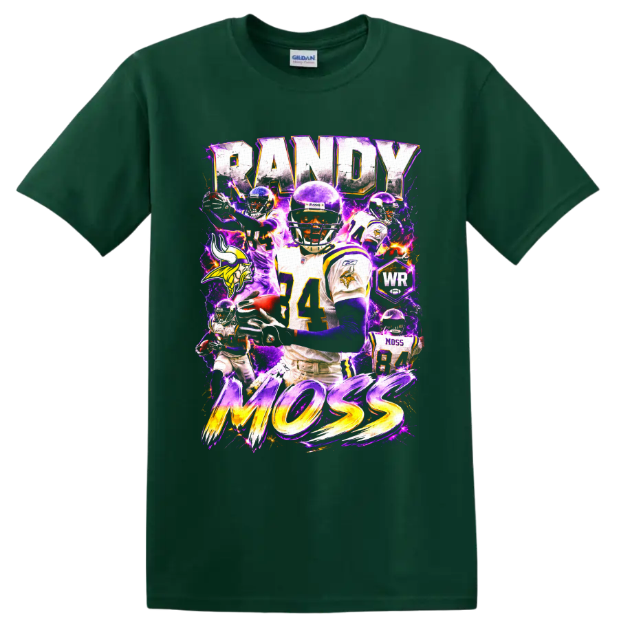 Randy Moss Minnesota Vikings number 84 collage with RANDY MOSS text and purple lightning on a Forest Green T Shirt