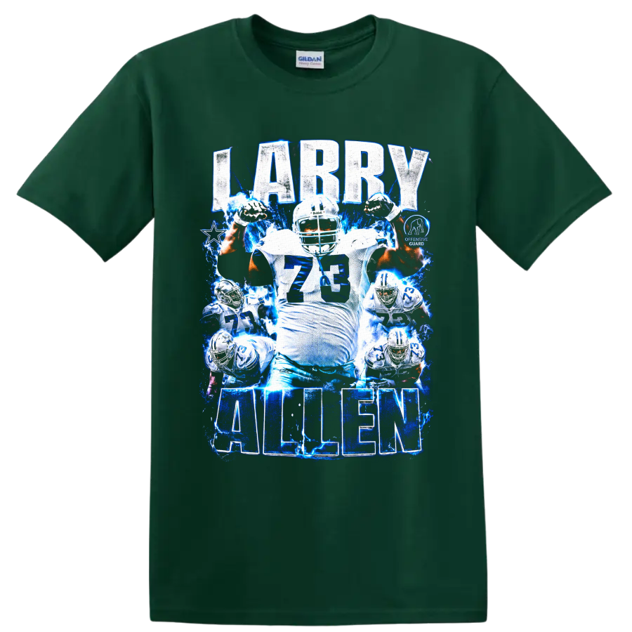 Larry Allen Dallas Cowboys number 73 football collage with blue lightning and bold on a Forest Green T Shirt