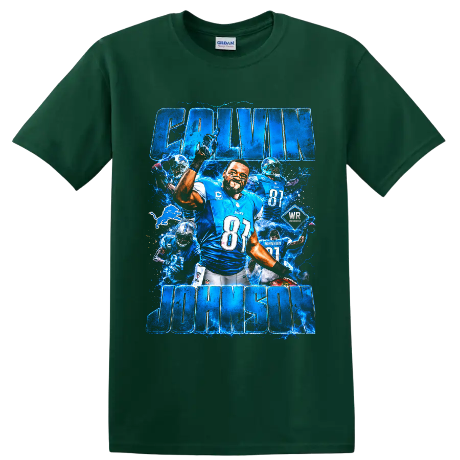 Calvin Johnson Detroit Lions number 81 football collage with electric blue lightning on a Forest Green T Shirt