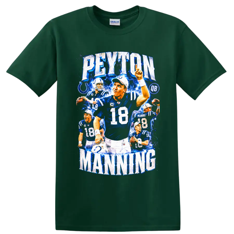 Peyton Manning Indianapolis Colts No. 18 electric football collage with PEYTON MANNING on a Forest Green T Shirt
