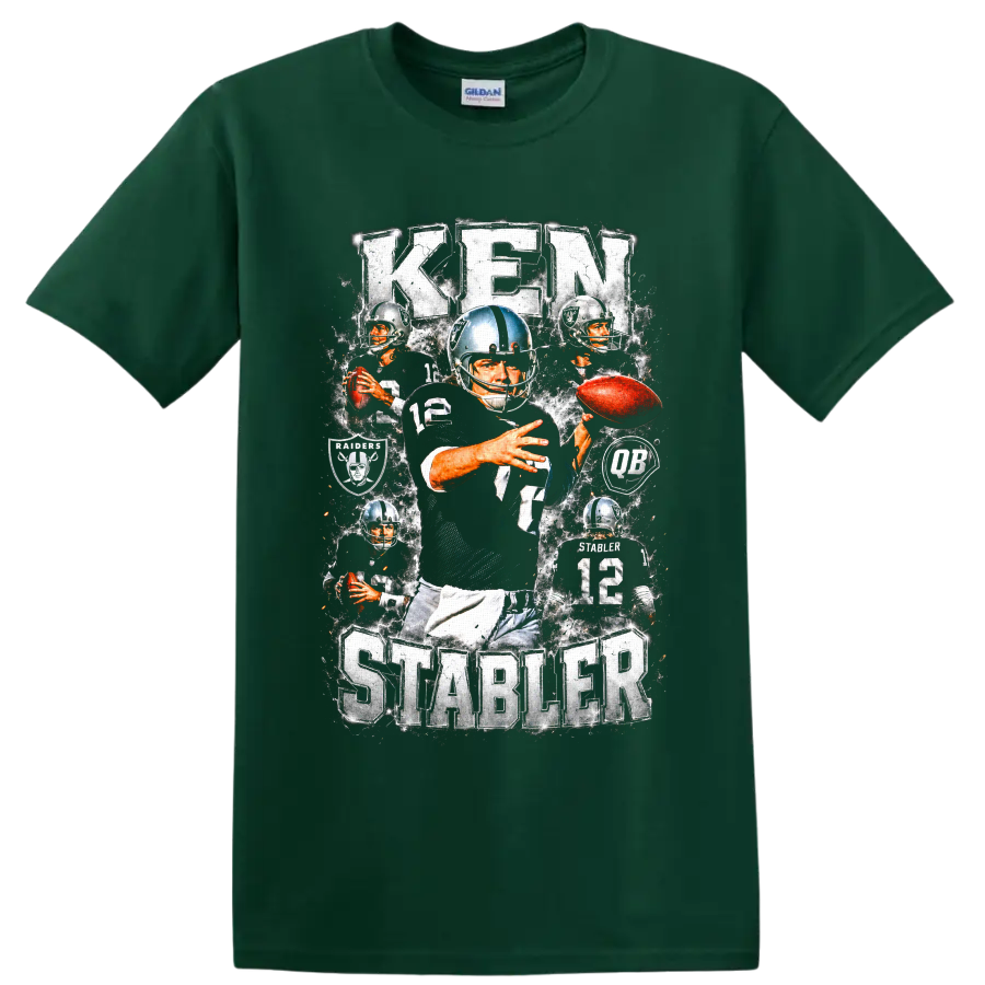 Ken Stabler Oakland Raiders number 12 vintage football collage with Raiders emblems on a Forest Green T Shirt