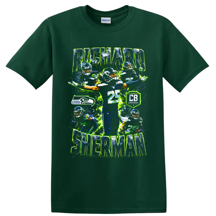 Richard Sherman Seahawks cornerback collage with number 25 and electric action effects on a Forest Green T Shirt