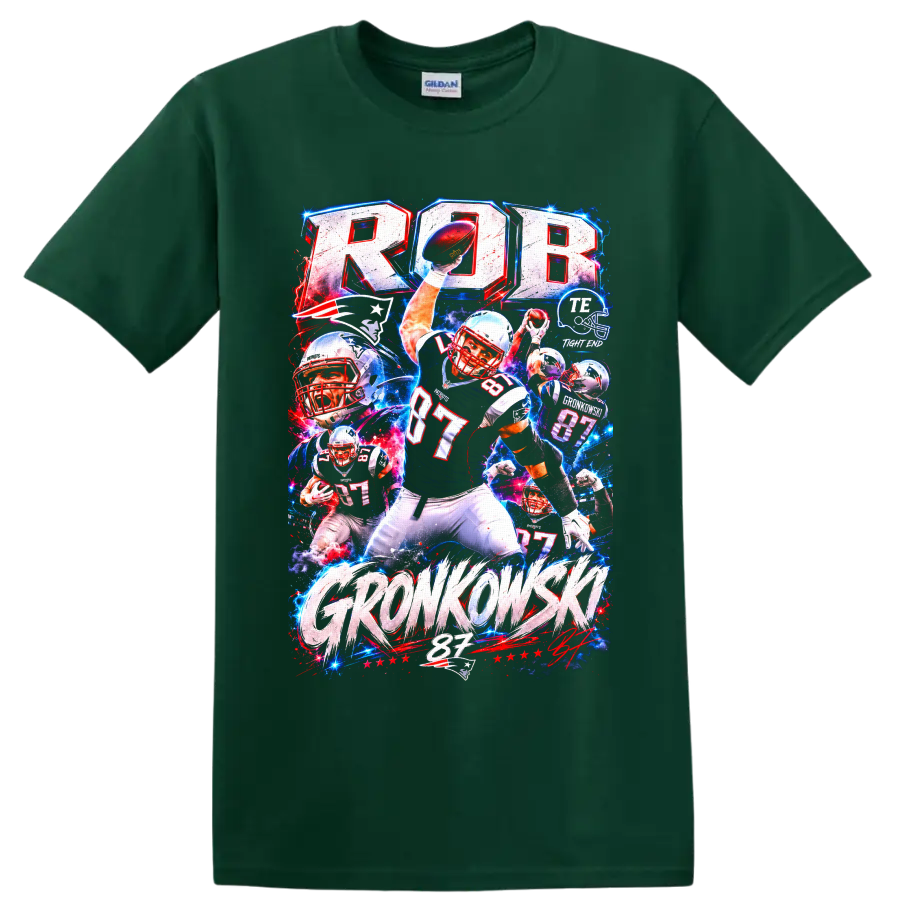 Rob Gronkowski Patriots number 87 football action collage with bold GRONKOWSKI text on a Forest Green T Shirt
