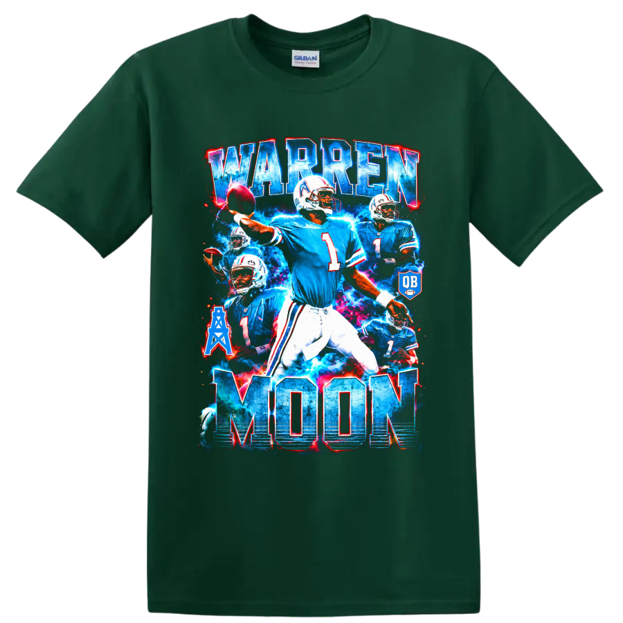 Warren Moon Houston Oilers quarterback collage with bold WARREN MOON lettering on a Forest Green T Shirt