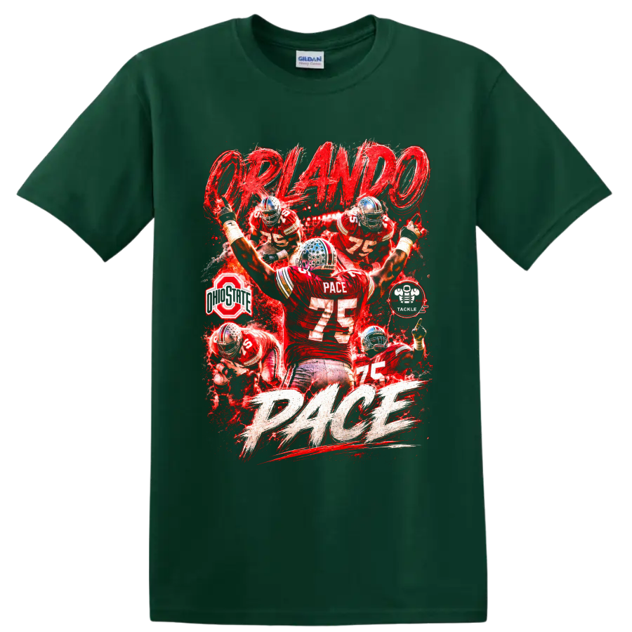 Orlando Pace Ohio State Buckeyes No. 75 red football action collage with PACE lettering on a Forest Green T Shirt