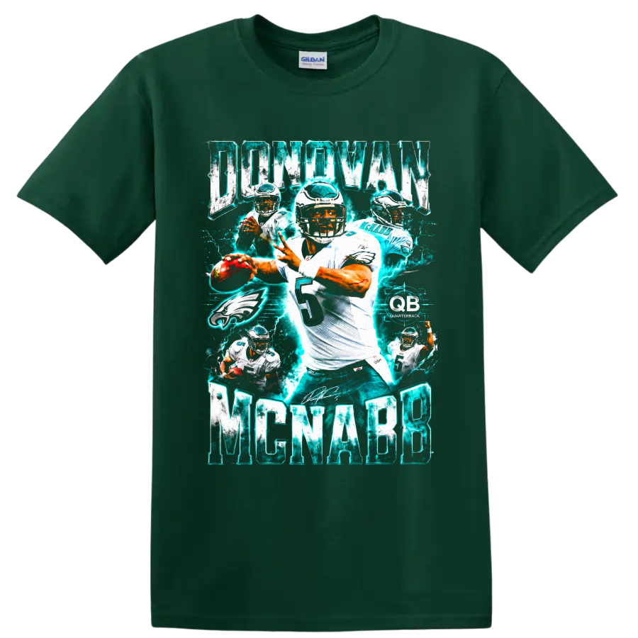 Donovan McNabb Philadelphia Eagles quarterback collage with electric teal action graphics on a Forest Green T Shirt