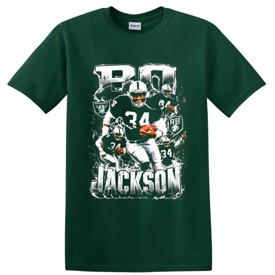 Bo Jackson Oakland Raiders number 34 football collage with BO and JACKSON text on a Forest Green T Shirt