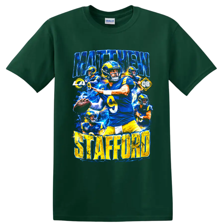 Matthew Stafford Rams quarterback action collage with MATTHEW STAFFORD lettering on a Forest Green T Shirt