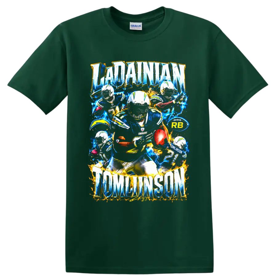 LaDainian Tomlinson San Diego Chargers number 21 electric football collage on a Forest Green T Shirt