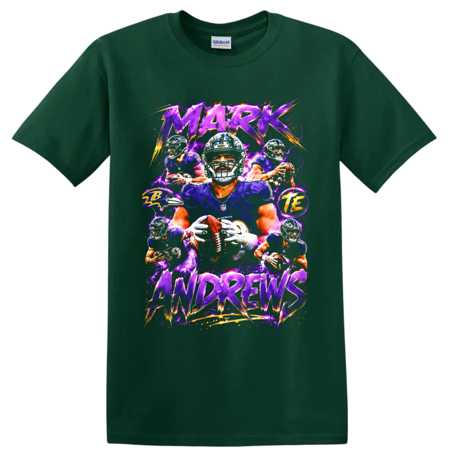Mark Andrews Baltimore Ravens football action collage with purple lightning and bold on a Forest Green T Shirt